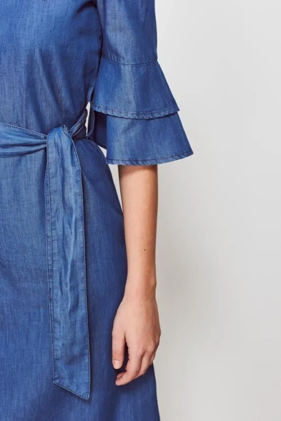 Sosandar Denim Look Ruffle Sleeve Bardot Dress Women Dresses