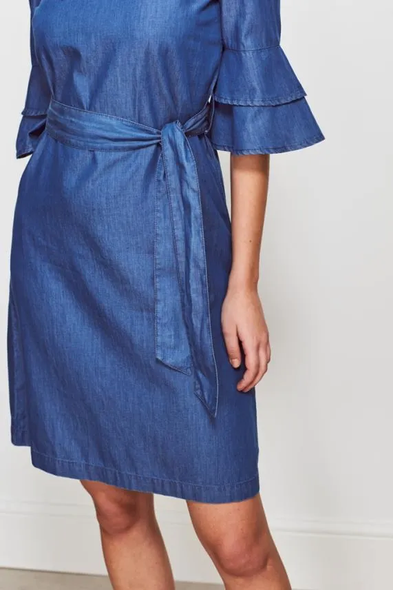 Sosandar Denim Look Ruffle Sleeve Bardot Dress Women Dresses