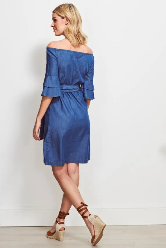 Sosandar Denim Look Ruffle Sleeve Bardot Dress Women Dresses