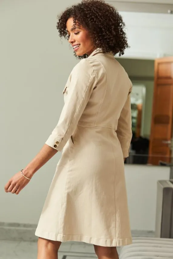 Sosandar Ecru Popper Front 34 Sleeve Stretch Denim Dress Women Dresses