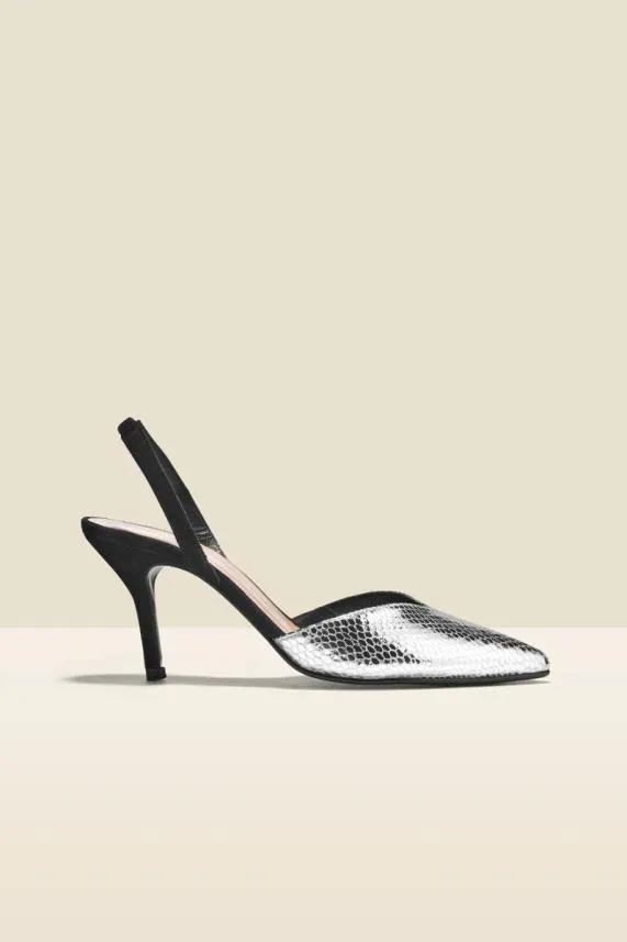 Sosandar Grace Silver Snake V Front Slingback Heel Silver Women Heels