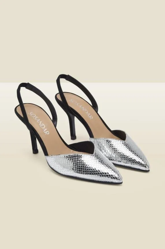 Sosandar Grace Silver Snake V Front Slingback Heel Silver Women Heels
