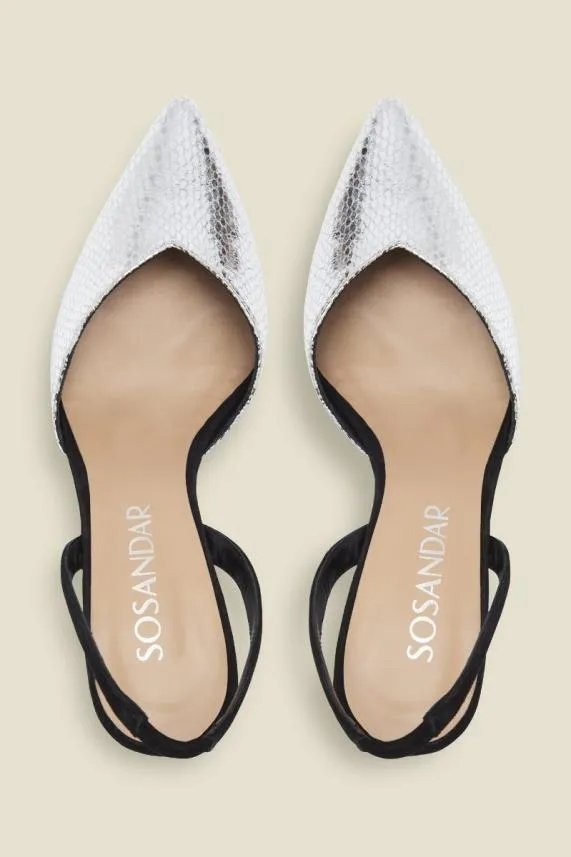 Sosandar Grace Silver Snake V Front Slingback Heel Silver Women Heels