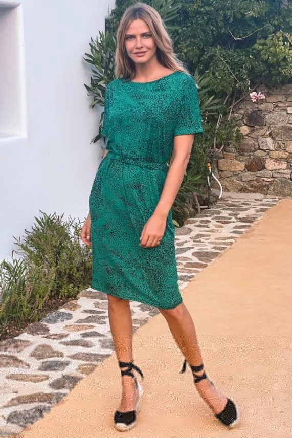 Sosandar Green and Black Animal Print Gathered Waist Dress With Pockets Green Black Women Dresses