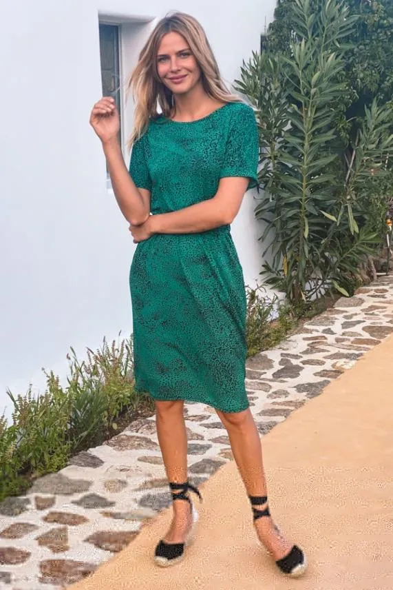 Sosandar Green and Black Animal Print Gathered Waist Dress With Pockets Green Black Women Dresses