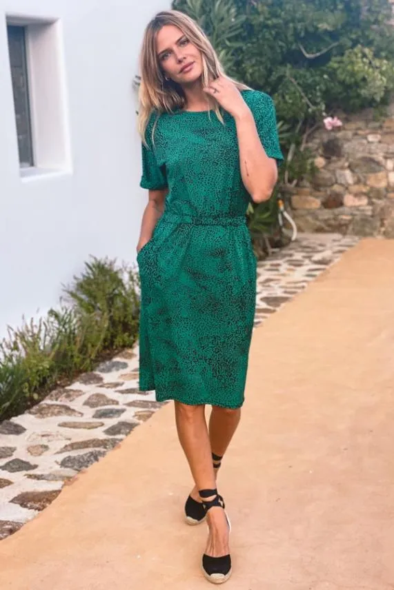 Sosandar Green and Black Animal Print Gathered Waist Dress With Pockets Green Black Women Dresses