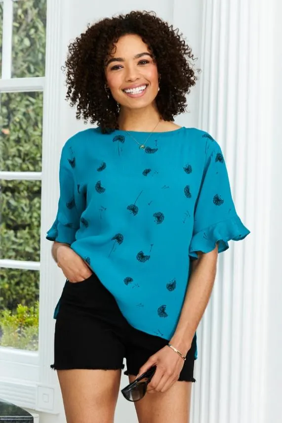 Sosandar Green Dandelion Print Ruffle Detail Top Green Women Tops