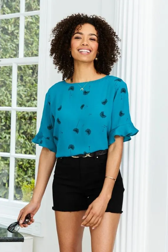 Sosandar Green Dandelion Print Ruffle Detail Top Green Women Tops