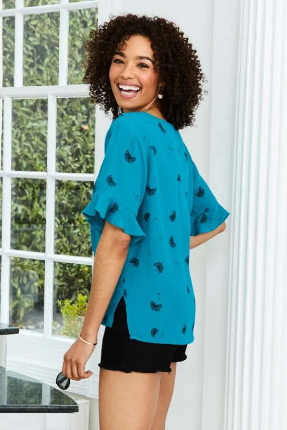 Sosandar Green Dandelion Print Ruffle Detail Top Green Women Tops
