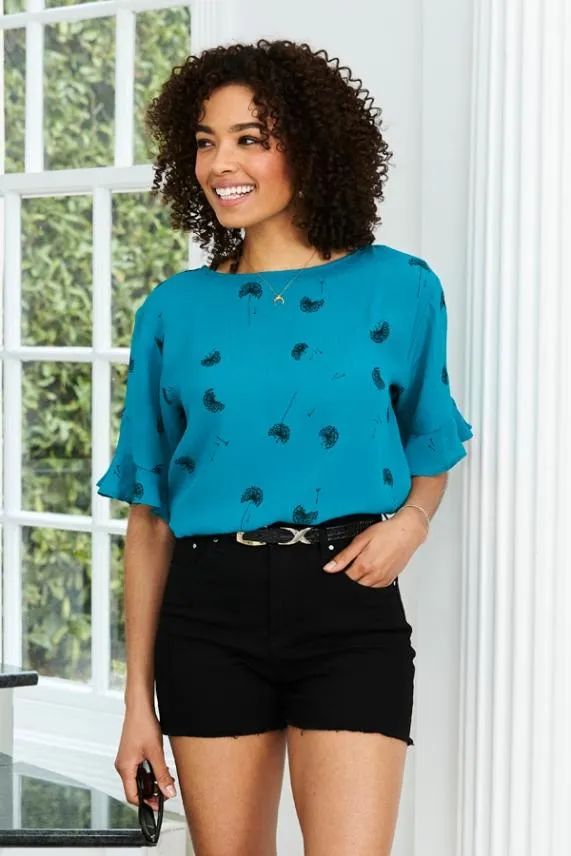 Sosandar Green Dandelion Print Ruffle Detail Top Green Women Tops