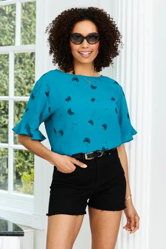 Sosandar Green Dandelion Print Ruffle Detail Top Green Women Tops