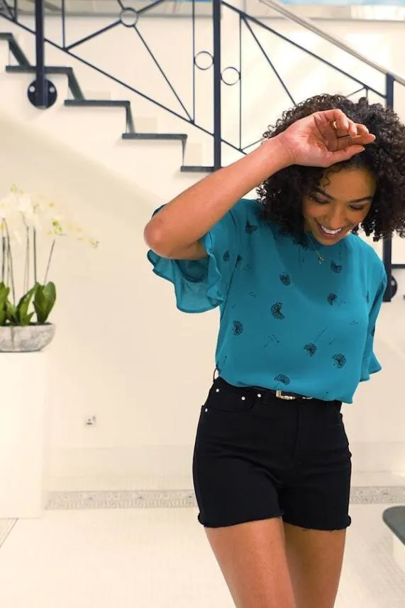 Sosandar Green Dandelion Print Ruffle Detail Top Green Women Tops