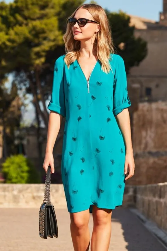 Sosandar Green Dandelion Print Zip Neck Shift Dress Green Women Dresses