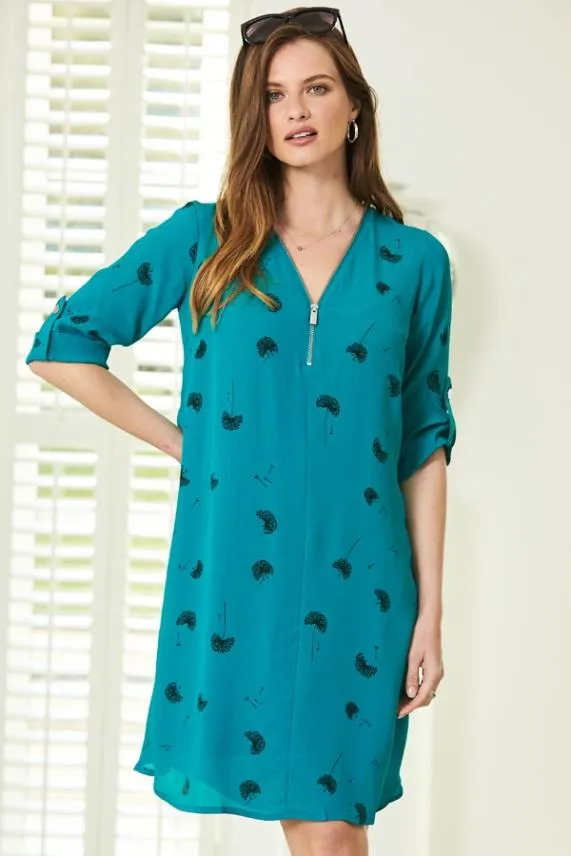 Sosandar Green Dandelion Print Zip Neck Shift Dress Green Women Dresses