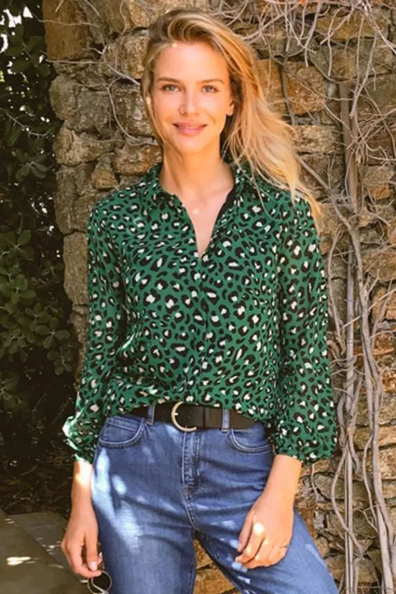 Sosandar Green Leopard Print Shirt Green Women Tops