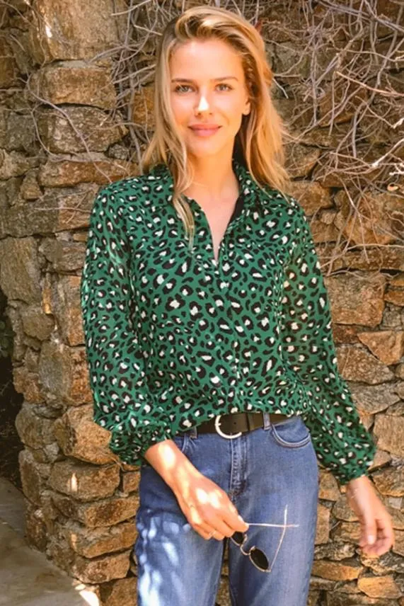 Sosandar Green Leopard Print Shirt Green Women Tops
