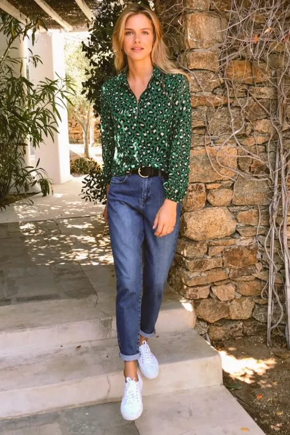 Sosandar Green Leopard Print Shirt Green Women Tops