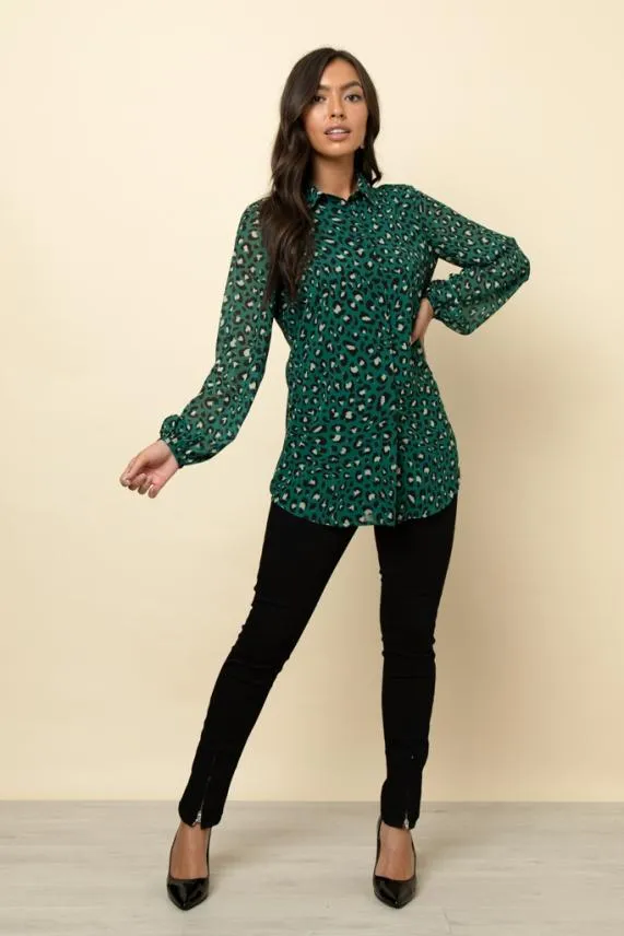 Sosandar Green Leopard Print Shirt Green Women Tops