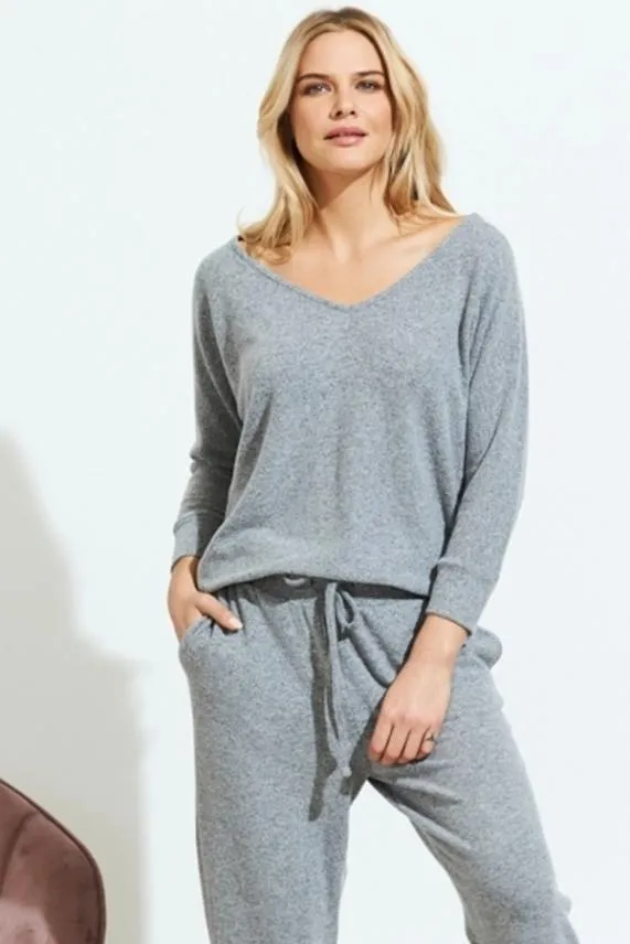 Sosandar Grey Super Soft V Neck Loungewear Top Grey Women Loungewear
