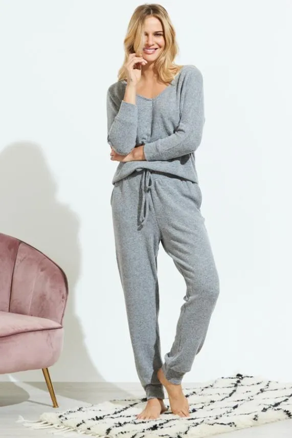 Sosandar Grey Super Soft V Neck Loungewear Top Grey Women Loungewear