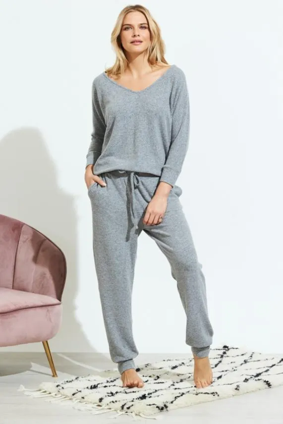 Sosandar Grey Super Soft V Neck Loungewear Top Grey Women Loungewear