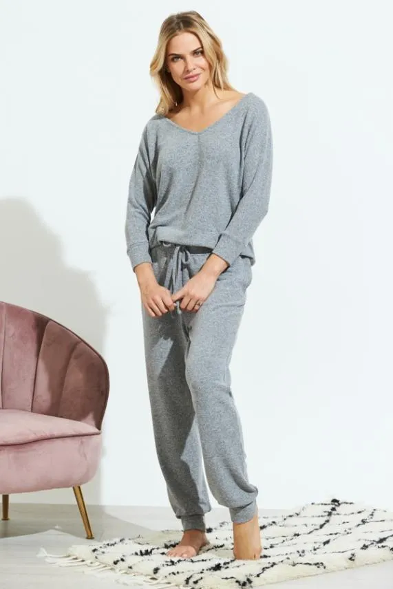 Sosandar Grey Super Soft V Neck Loungewear Top Grey Women Loungewear