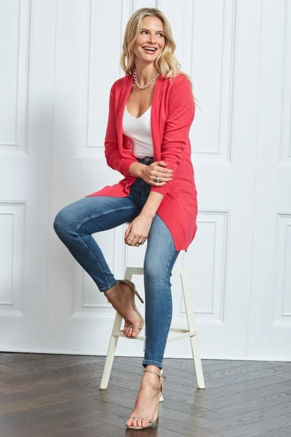 Sosandar Hot Pink Longline Linen Cardigan Women Knitwear