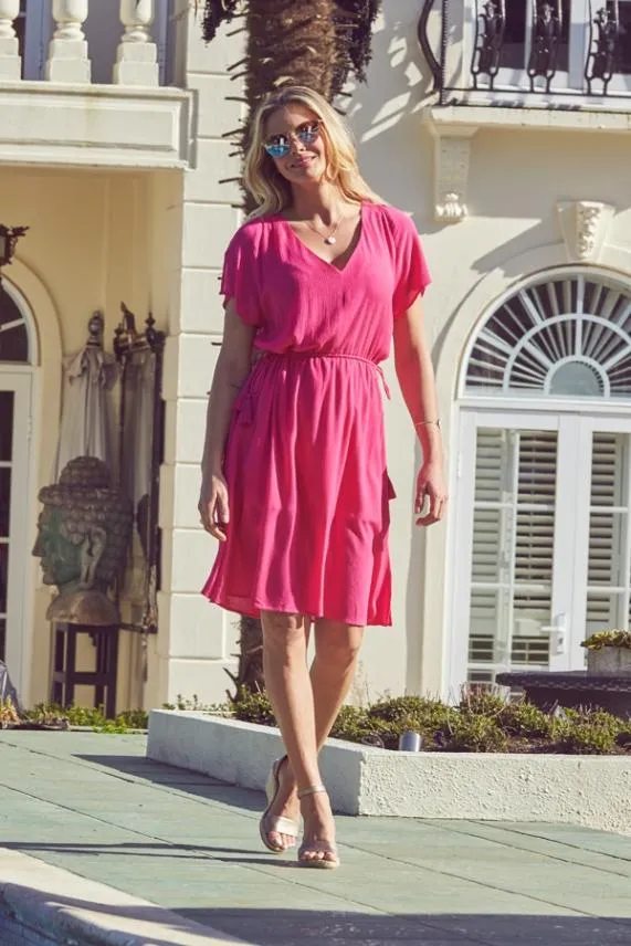 Sosandar Hot Pink Tie Waist Detail Summer Dress Women Dresses