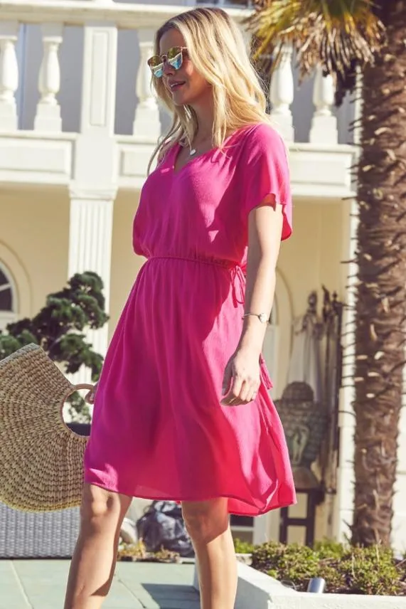Sosandar Hot Pink Tie Waist Detail Summer Dress Women Dresses