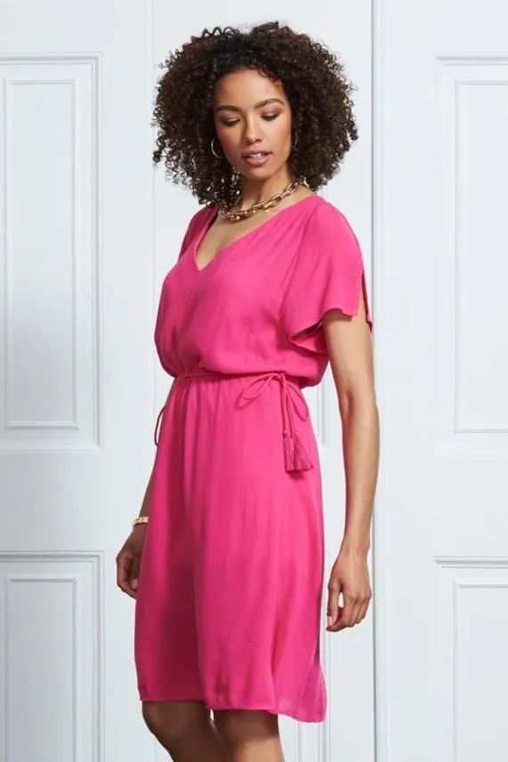 Sosandar Hot Pink Tie Waist Detail Summer Dress Women Dresses