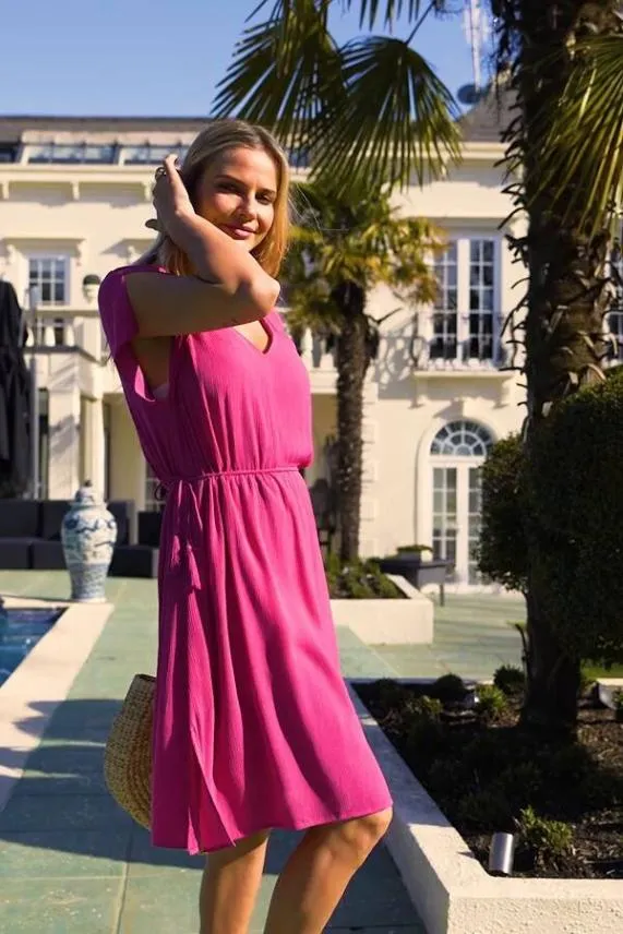 Sosandar Hot Pink Tie Waist Detail Summer Dress Women Dresses