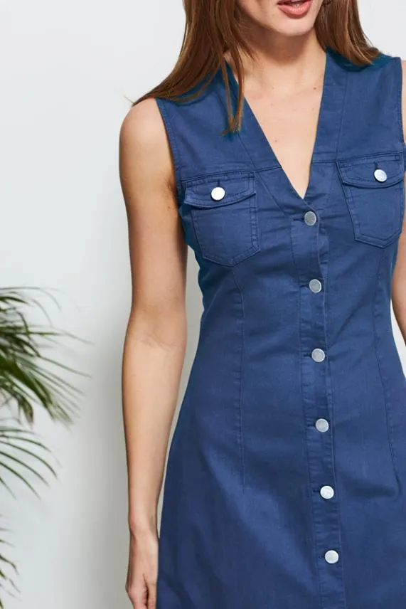 Sosandar Indigo Blue Button Front Sleeveless Denim Dress Indigo Blue Women Dresses