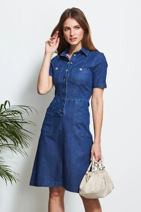 Sosandar Indigo Blue Popper Front Short Sleeve Denim Dress Indigo Blue Women Dresses Sosandar Indigo Blue Popper Front Short Sleeve Denim Dress Indigo Blue Women Dresses