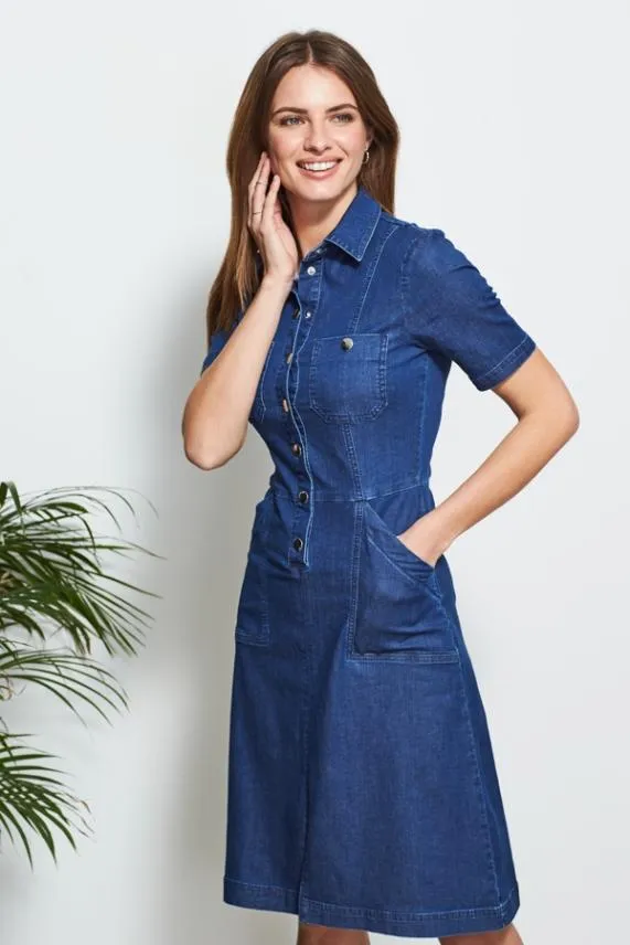 Sosandar Indigo Blue Popper Front Short Sleeve Denim Dress Indigo Blue Women Dresses