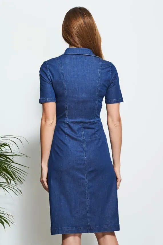 Sosandar Indigo Blue Popper Front Short Sleeve Denim Dress Indigo Blue Women Dresses
