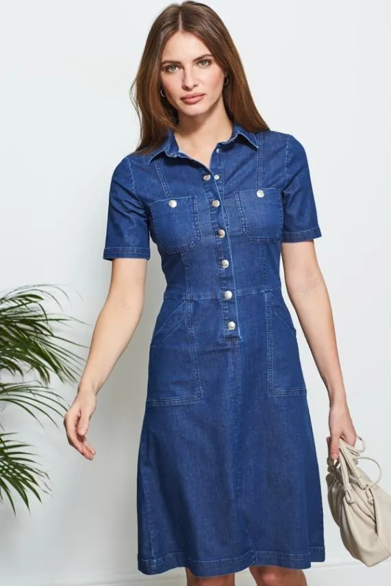 Sosandar Indigo Blue Popper Front Short Sleeve Denim Dress Indigo Blue Women Dresses