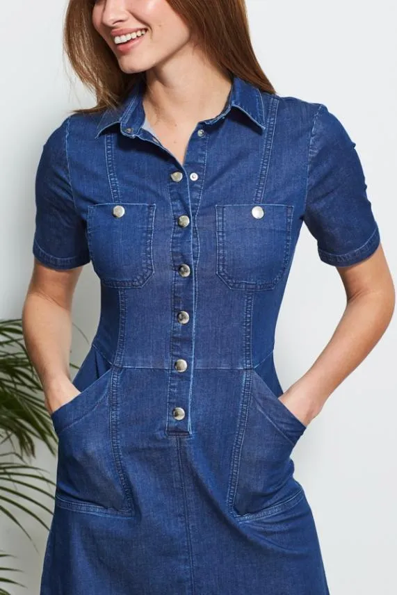 Sosandar Indigo Blue Popper Front Short Sleeve Denim Dress Indigo Blue Women Dresses
