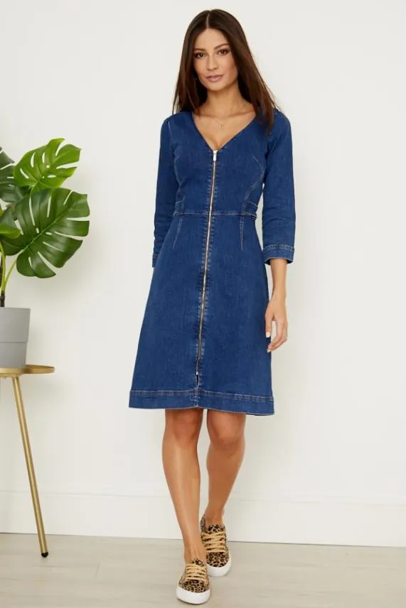Sosandar Indigo Blue Zip Front V Neck Collarless Denim Dress Indigo Blue Women Dresses Sosandar Indigo Blue Zip Front V Neck Collarless Denim Dress Indigo Blue Women Dresses