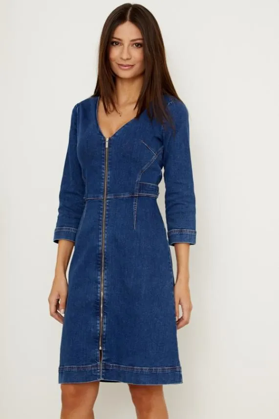Sosandar Indigo Blue Zip Front V Neck Collarless Denim Dress Indigo Blue Women Dresses