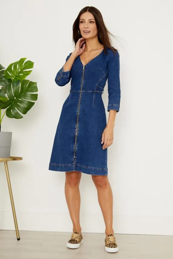 Sosandar Indigo Blue Zip Front V Neck Collarless Denim Dress Indigo Blue Women Dresses
