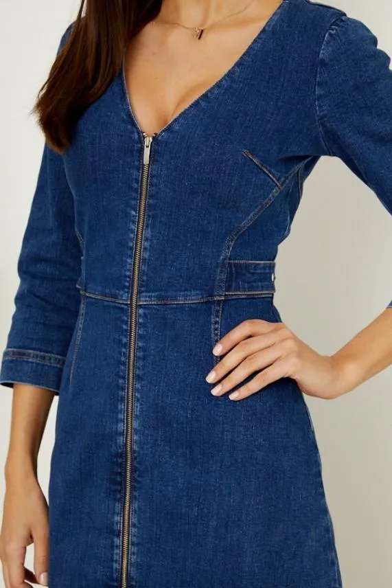 Sosandar Indigo Blue Zip Front V Neck Collarless Denim Dress Indigo Blue Women Dresses