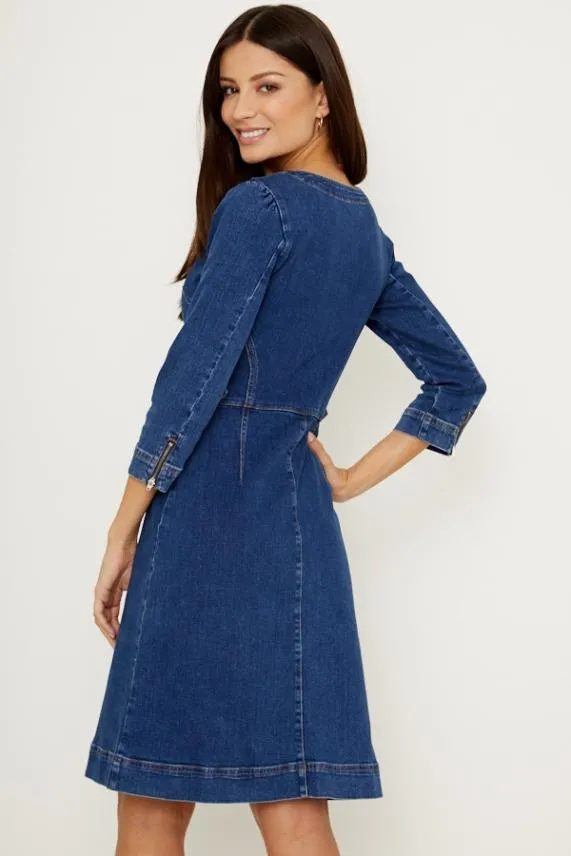 Sosandar Indigo Blue Zip Front V Neck Collarless Denim Dress Indigo Blue Women Dresses
