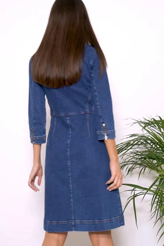 Sosandar Indigo Blue Zip Front V Neck Collarless Denim Dress Indigo Blue Women Dresses