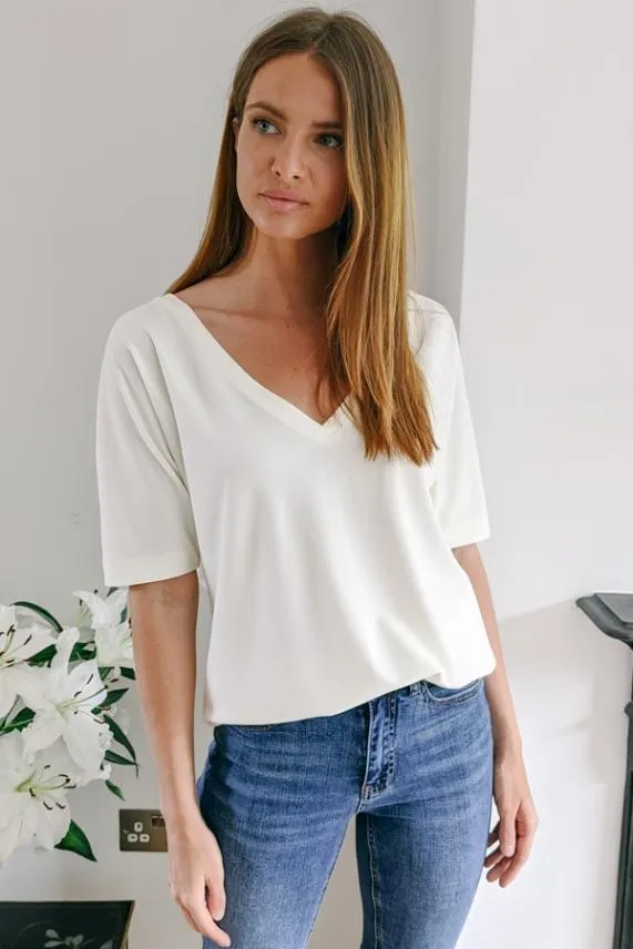 Sosandar Ivory Soft Luxe Jersey V Neck Top Ivory Women Leisurewear