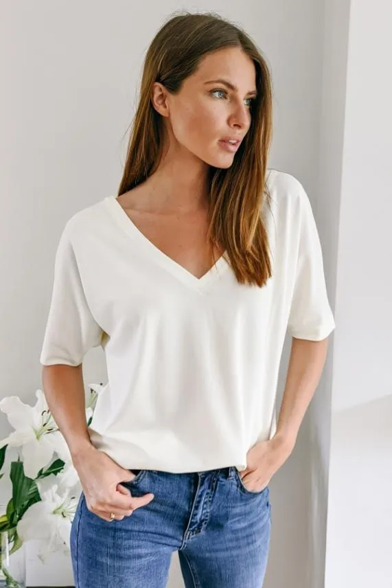 Sosandar Ivory Soft Luxe Jersey V Neck Top Ivory Women Leisurewear