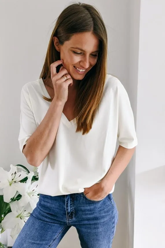 Sosandar Ivory Soft Luxe Jersey V Neck Top Ivory Women Leisurewear
