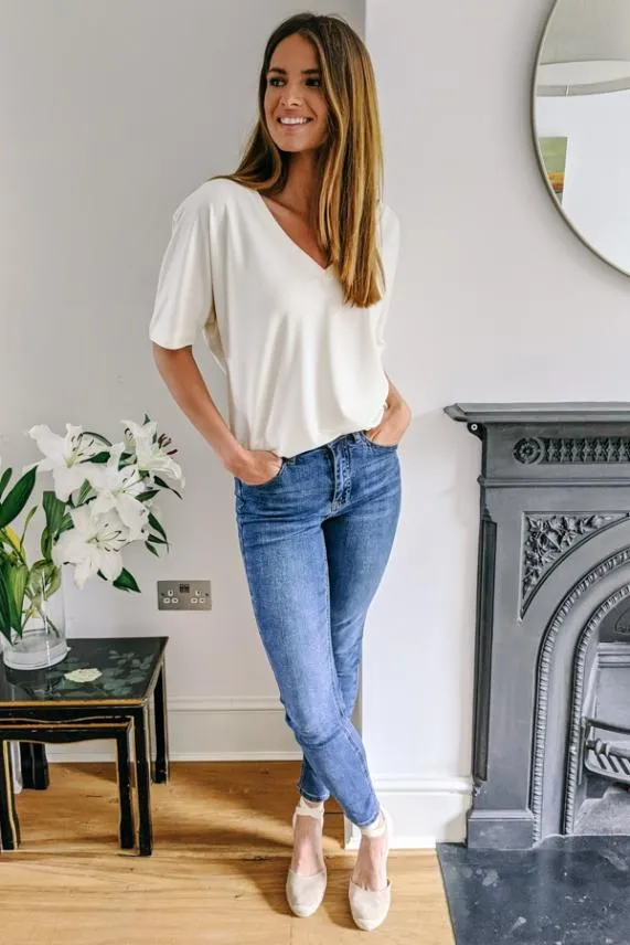 Sosandar Ivory Soft Luxe Jersey V Neck Top Ivory Women Leisurewear