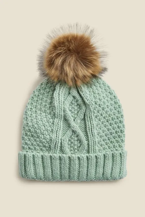 Sosandar Kelly Mint Green Cable Knit Pom Pom Hat Green Women Hats Scarves and Gloves Sosandar Kelly Mint Green Cable Knit Pom Pom Hat Green Women Hats Scarves and Gloves