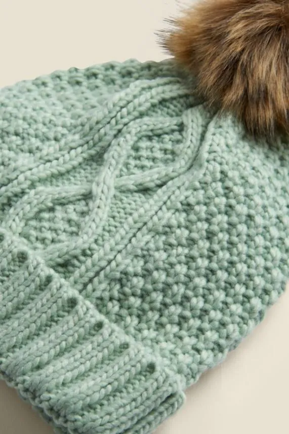 Sosandar Kelly Mint Green Cable Knit Pom Pom Hat Green Women Hats Scarves and Gloves