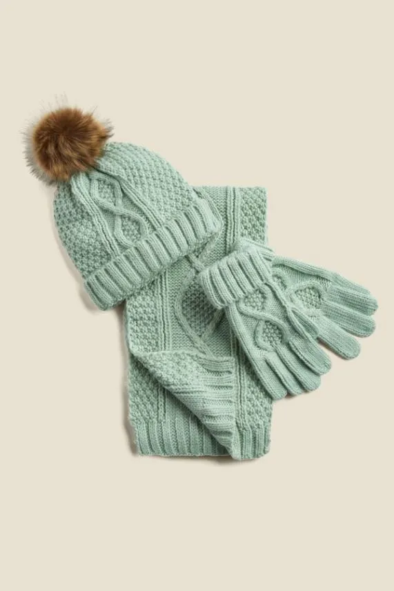 Sosandar Kelly Mint Green Cable Knit Pom Pom Hat Green Women Hats Scarves and Gloves
